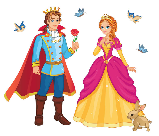 Gyönyörű tündérmese Tünde hercegnő és herceg virággal. Karakterek. Gyermek illusztráció nyomtatáshoz és matricához. Elszigetelt illusztráció fehér háttérrel. Romantikus történet. Csodaország. Vektor. - Vektor, kép