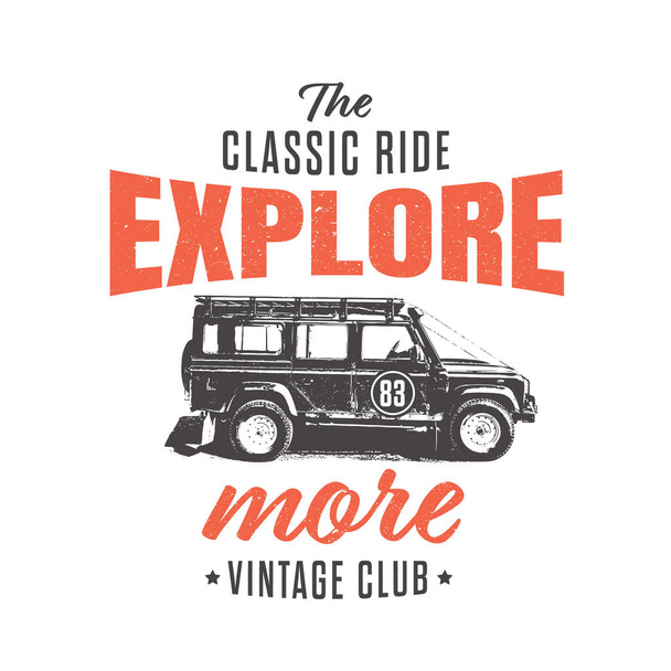 Camiseta Vintage Logo Car Adventure Template. Ilustración vectorial
. - Vector, Imagen