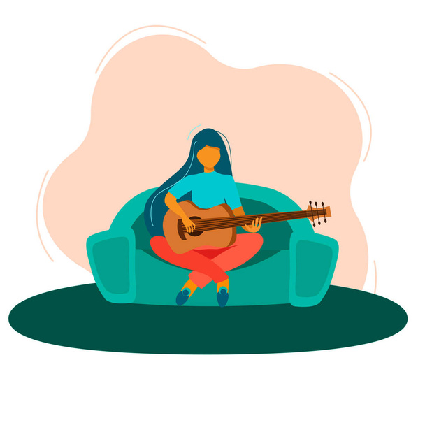 Coronavirus Quarantine, people work at home, live, play and listen to music. I m sitting at home. A girl is resting at home with a guitar during quarantine. Education and study at home. Hobby. - Vector, Image