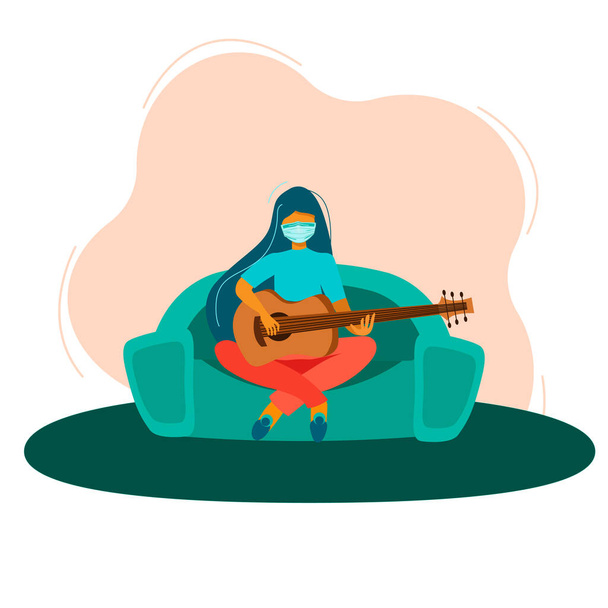 Illustrazione di una ragazza in maschera che siede su un divano e suona la chitarra durante il coronavirus a casa. Educazione e studio a casa. Hobby. Illustrazione vettoriale in stile piatto isolato
. - Vettoriali, immagini