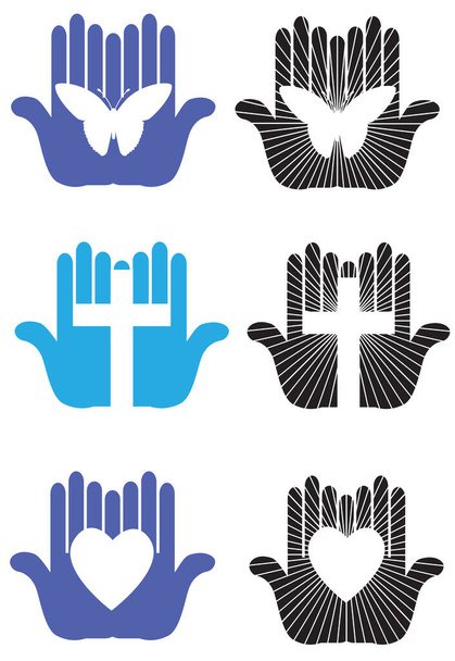 Graphic designs variety of worship and caring hands with various iconic shapes including Christian cross, heart, and butterfly. Versions also present a glow effect with radiating rules. - Vector, Image