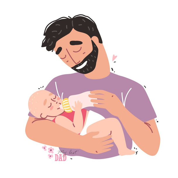 Gondoskodó apa cumisüvegből eteti a gyerekét. Egészséges bébiétel és anyatej-helyettesítő tápszer, tej. - Vektor, kép
