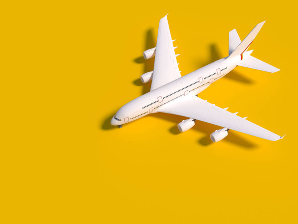 Vliegtuig op gele achtergrond. reisconcept. 3d destructie - Foto, afbeelding