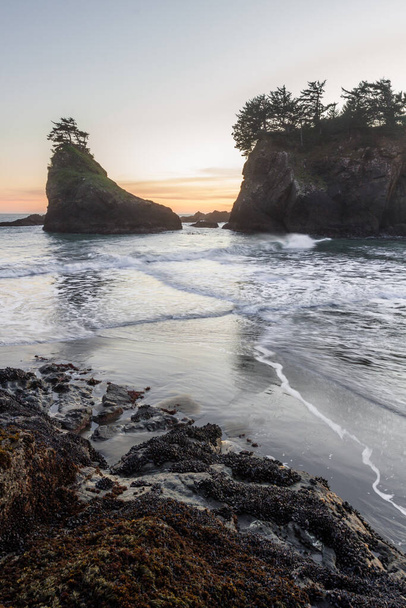 The sun sets on Secret Beach in the southern Oregon coast at sunset with its many Islets topped with evergreen trees and blurred waves moving in as the tides change - Photo, Image