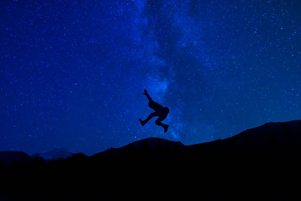 シルエットは野生の自由の概念で夜の上の銀河の星と跳躍 - 写真・画像