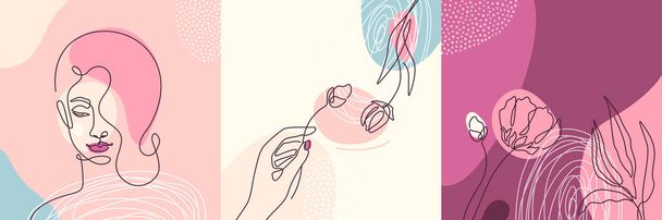 Beauty backgrounds set in minimal line style with woman face, plant, girl hand holding flower, circle design elements, dots texture. Modern fashion linear female portrait. Vector illustration - Vector, Image