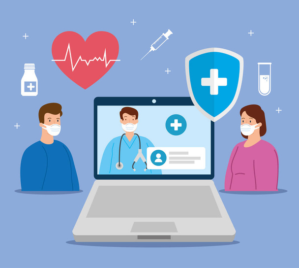 tecnología de telemedicina con médico en laptop y personas
 - Vector, Imagen