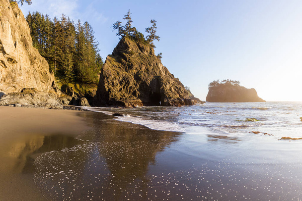 Tranquil beach in the southern Oregon coast known as Secret Beach with beautiful Islets topped with evergreen trees on a beautiful sunny day - Photo, Image