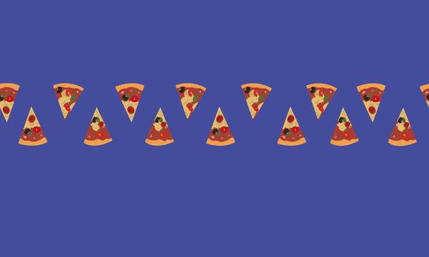 Seamless vector pattern. Pizza slices are located in the middle. Isolated on a blue background. - Vector, Image