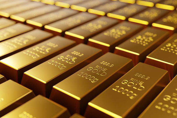 Sztabki złota, inwestycje w metale szlachetne jako magazyn wartości. Cyfrowe renderowanie 3D. - Zdjęcie, obraz