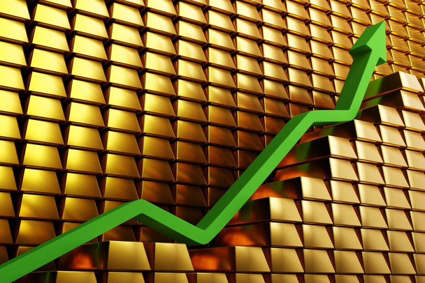 Los precios del oro se disparan en un mercado alcista. Flecha verde subiendo sobre barras de oro. Concepto 3D digital render
. - Foto, Imagen