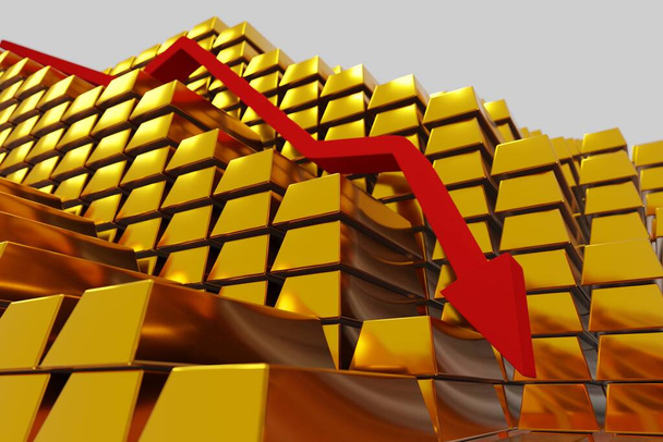 Az aranyárak esőben vannak a medvepiacon. Vörös nyíl megy le az aranyrúd fölött. Koncepció digitális 3D render. - Fotó, kép