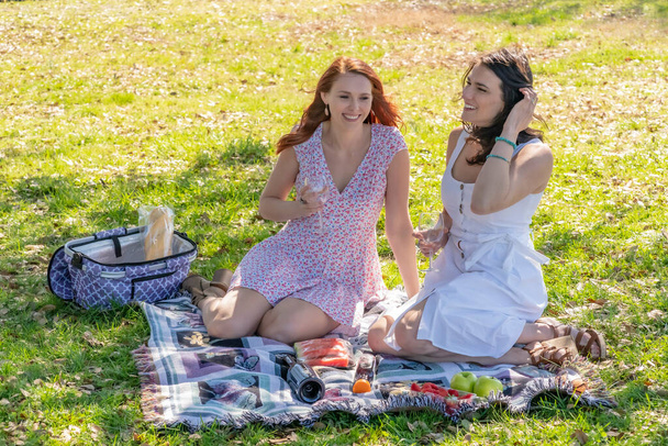 Két gyönyörű modell élvezi egymás társaságát egy őszi napon egy pikniken. - Fotó, kép