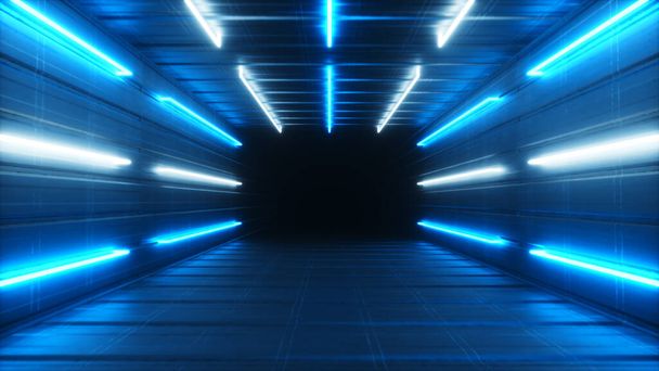 Πετώντας σε ένα αφηρημένο μπλε φουτουριστικό εσωτερικό. Διάδρομος με λαμπτήρες φθορισμού νέον ενεργοποιημένους. Φουτουριστικό αρχιτεκτονικό υπόβαθρο. Κουτί με μεταλλικό τοίχο. 3D εικονογράφηση - Φωτογραφία, εικόνα