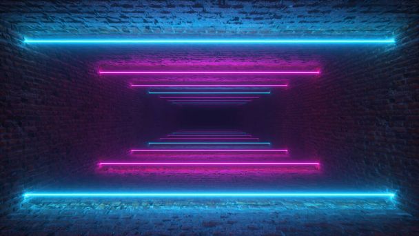 Flying through glowing neon lines creating a brick tunnel, blue red pink violet spectrum, fluorescent ultraviolet light, modern colorful lighting, 3d illustration - Photo, Image