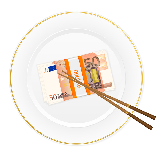 plate chopsticks and fifty euro pack - Vector, Image