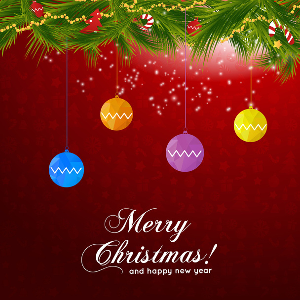karácsonyi üdvözlőlap fenyő ága a vörös mintás háttérrel. vektoros illusztráció. háttér-boldog karácsonyt! - Vektor, kép