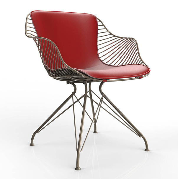 白の背景に赤い革のシートとモダンな金属線の椅子。3Dレンダリング - 写真・画像