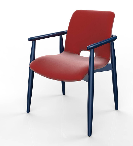 Kırmızı deri koltuklu modern sandalye ve beyaz arka planda mavi bacaklar. 3d hazırlayıcı - Fotoğraf, Görsel