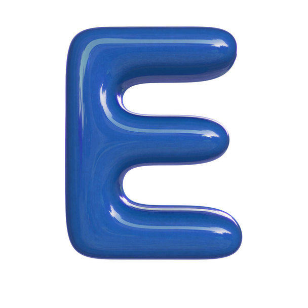 Γυαλιστερό μπλε χρώμα γράμμα E. 3D καθιστούν γραμματοσειρά φυσαλίδων που απομονώνονται σε λευκό φόντο - Φωτογραφία, εικόνα