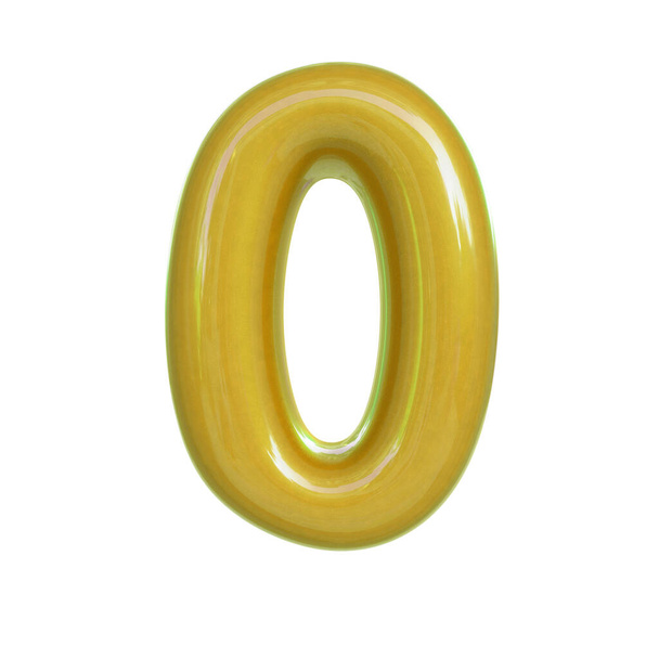 Glanzend geel nummer nul, 0. 3D-weergave van bellenlettertype geïsoleerd op witte achtergrond - Foto, afbeelding