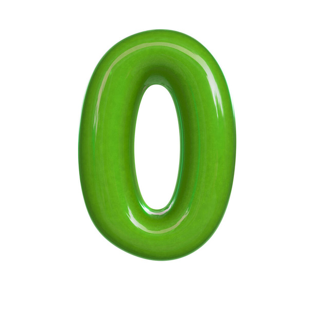 Glanzend groen nummer nul, 0. 3D-weergave van bellenlettertype geïsoleerd op witte achtergrond - Foto, afbeelding