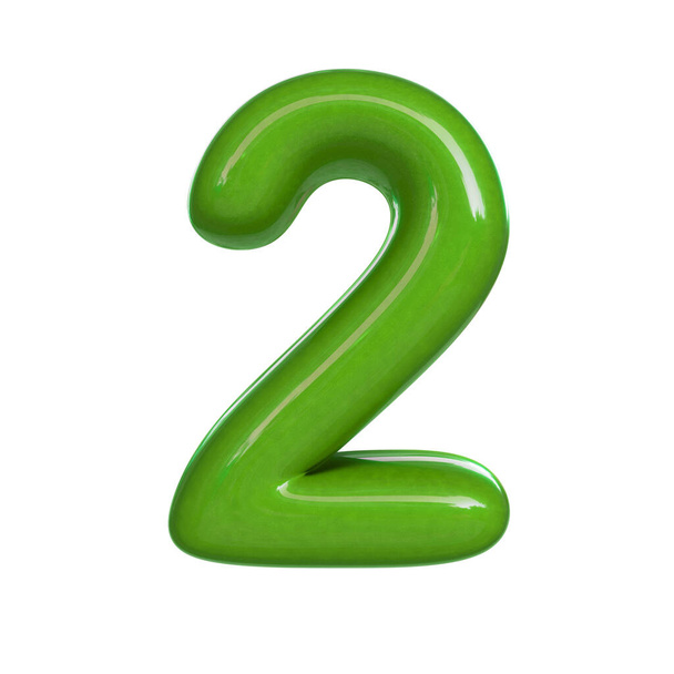 Glossy green number two, 2. 3D render of bubble font isolated on white background - Photo, Image