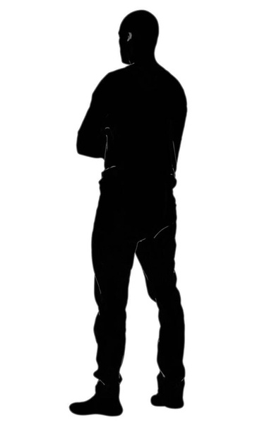 Siluetas de hombre, gente de negocios de pie, color negro aislado sobre fondo blanco, representación 3D
 - Foto, imagen