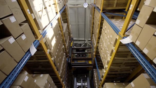 Carretilla elevadora paletas móviles con cajas de cartón en un almacén con bastidores de gran altura
 - Imágenes, Vídeo