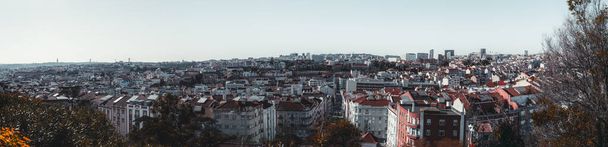 panoramiczne ujęcie Lizbony z góry: miejska panorama z mnóstwem tradycyjnych portugalskich domów, ulic i dróg; rząd drzew na nieostrym pierwszym planie, słoneczny dzień - Zdjęcie, obraz