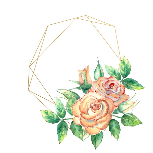 Zlatý geometrický rám zdobený květinami. Broskvové růže, zelené listy, otevřené a uzavřené květiny. Obrázek barvy akvarelu. - Fotografie, Obrázek