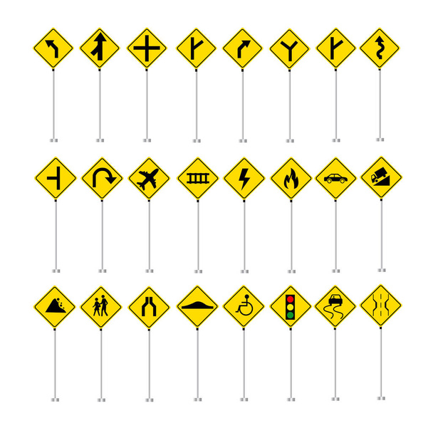 Ruch drogowy znak zbiór wektor zestaw ikony izolowane na białym tle od przecięcia ogień wszystkie stojące żółty - Wektor, obraz
