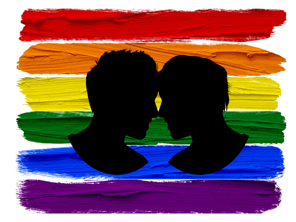 Ombra di due uomini molto da vicino guardando l'un l'altro con uno sfondo di un pennello arcobaleno dipinto
. - Foto, immagini