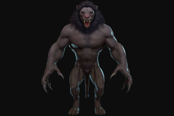 Fantasy character Humanoid Lion in epic pose - 3D render on black background - Photo, Image