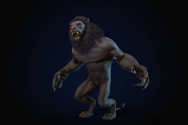 Fantezi karakteri İnsanımsı Aslan destansı poziyonda - siyah arkaplanda 3D canlandırma - Fotoğraf, Görsel