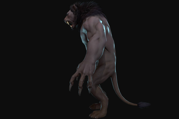 Φανταστικός χαρακτήρας Humanoid Lion σε επική στάση - 3D render σε μαύρο φόντο - Φωτογραφία, εικόνα