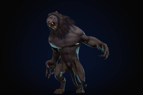 Fantasy karakter Humanoid oroszlán epikus pózban - 3D render fekete háttér - Fotó, kép