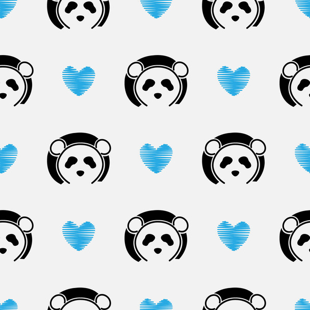 Panda roztomilý obličej bezešvé vzor. Happy roztomilý panda hlava opakovat vzor s modrou láskou bílé pozadí - Vektor, obrázek