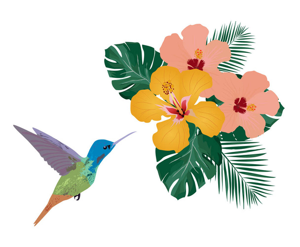 vector illustration of a tropical background. Hummingbird, tropical flowers, palm leaves. Wall decal, decor idea. - Vector, Image
