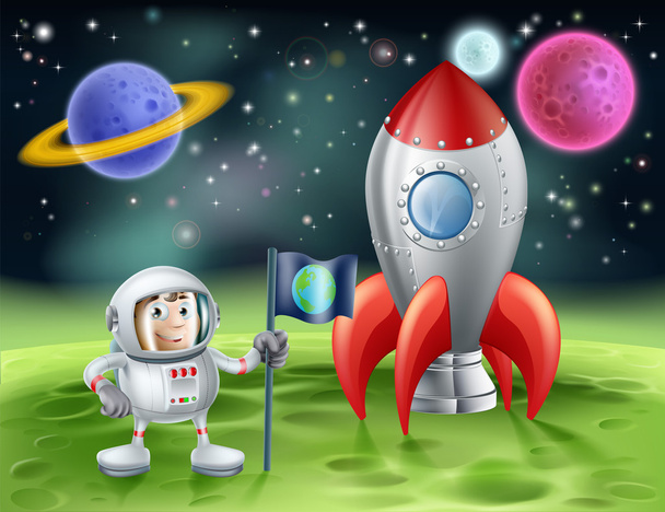 Cartoon astronaut and vintage rocket - Vektör, Görsel