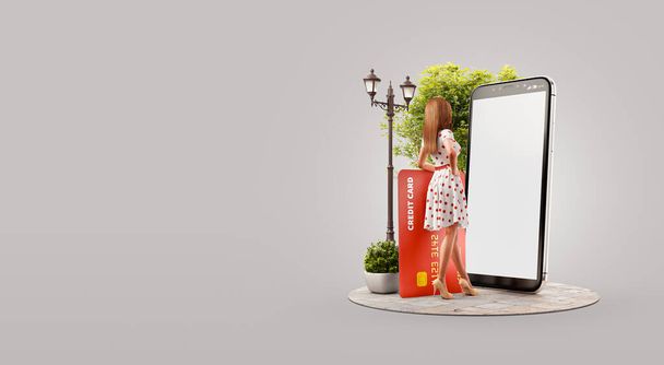 Young woman with credit card standing at big smartphone and using smart phone application for shopping an payment. Payment online concept. Unusual 3d illustration - Photo, image