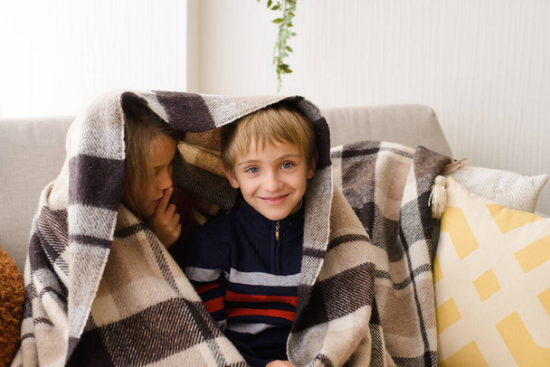 boy and girl, an older sister and younger brother, are sitting under blanket on sofa, secreting, dreaming, hugging, in bright room at home - Фото, зображення