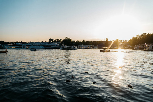 piękny zachód słońca nad rzeką, gdzie pływa wiele łodzi i kaczek - Zdjęcie, obraz