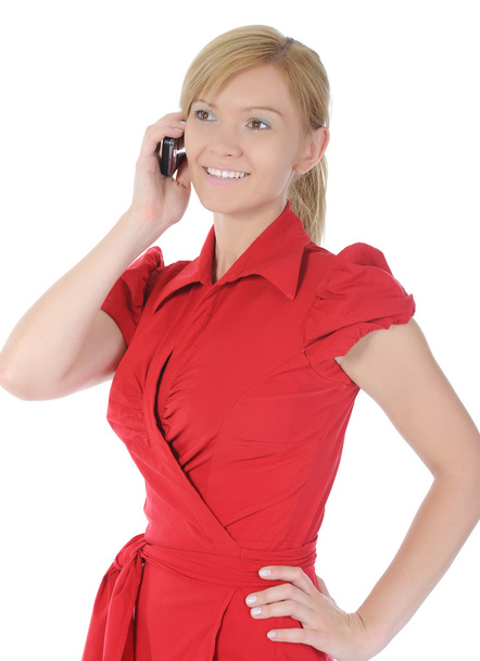 Woman in red with a phone - Φωτογραφία, εικόνα