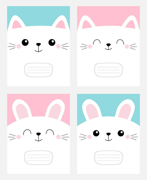 Notebook cover Composition book template. Pet baby print. White cat rabbit bunny head face square icon set. Cute cartoon kawaii funny character. Valentines Day. Flat design Blue pink background Vector - Vecteur, image