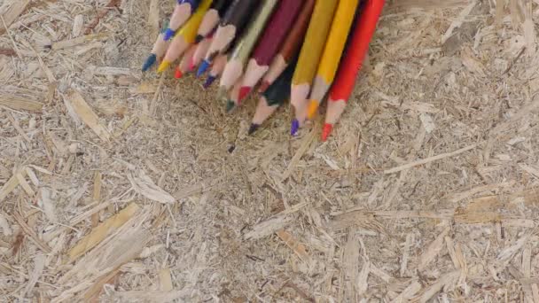 Multi gekleurde potloden op ruwe surfce. en de weergave ervan. - Video