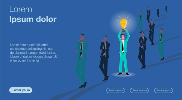 Great idea. A line of faceless businessmen. One businessman holds a glowing light bulb above his head. Business vector concept illustration. - Vector, Image