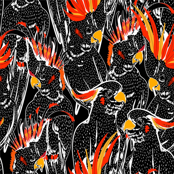Stylish Doodle white line sketch cockatoo birds seamless pattern. Hand drawing mood. Vector art illustration.Design for fashion ,fabric,web,wallpaper and all prints on black background color - Vektor, Bild