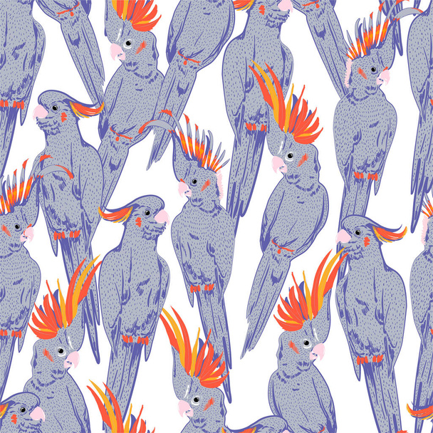 Sweet mood and cute of hand line sketch pastel purple cockatoo birds doodle sketch mood summer vibes  seamless pattern in vector design for fashion,fabric,web,wallpaper and all prints on white background color - Vetor, Imagem