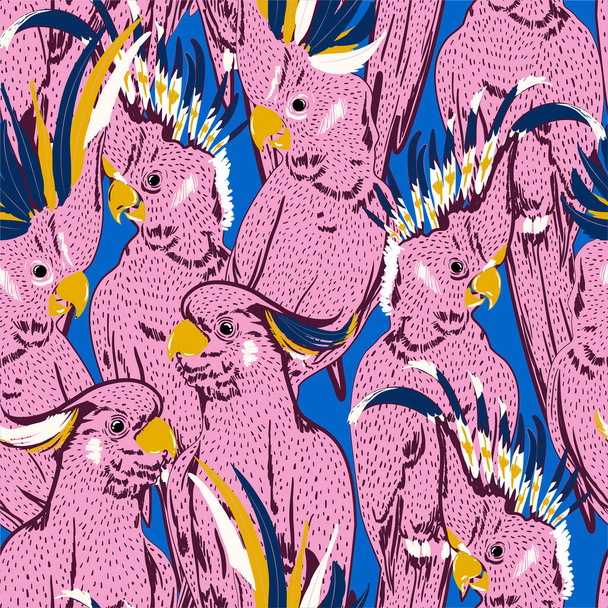 Kleurrijke hand schets doodle van roze kaketoe papegaai vogels contrast met frisse blauwe achtergrond kleur naadloos patroon in vector ontwerp voor mode, stof, web, behang, en alle prints  - Vector, afbeelding